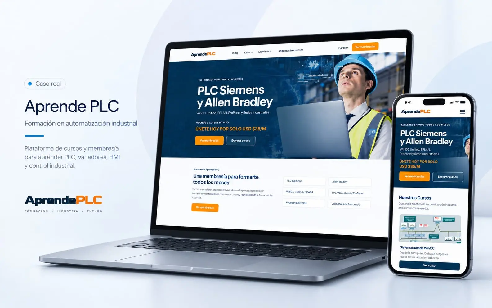 Composición de Aprende PLC con su plataforma de cursos y membresías en computadora y móvil