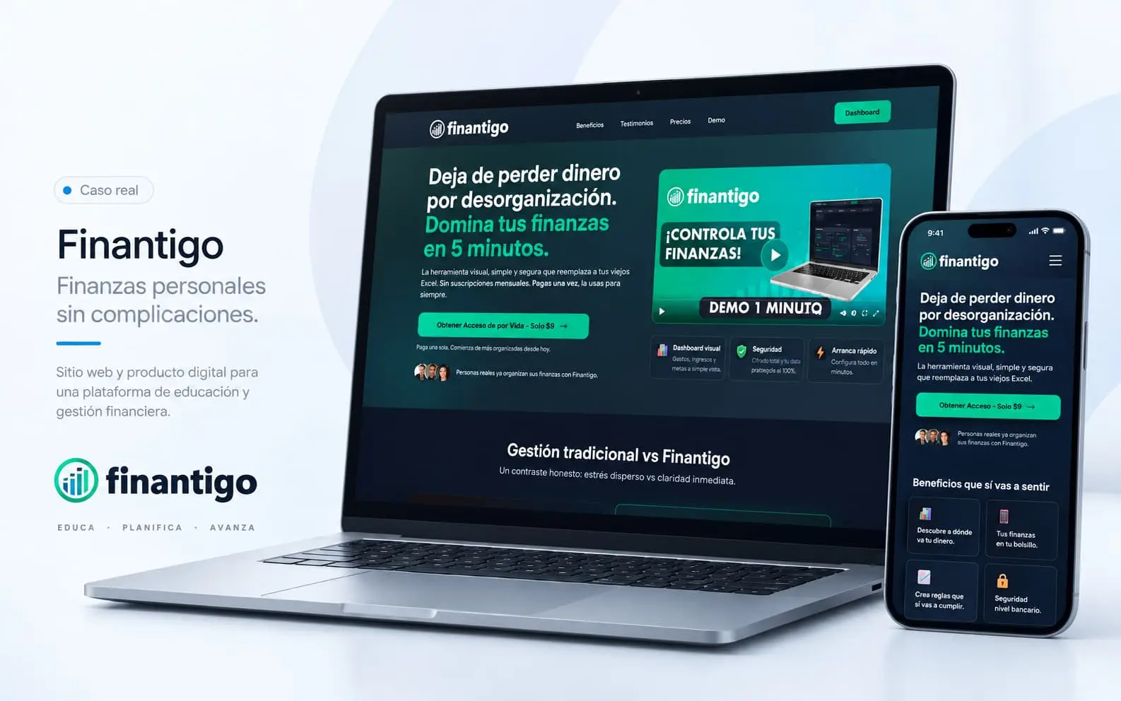 Composición de Finantigo con su dashboard financiero, presupuestos y metas en computadora y móvil