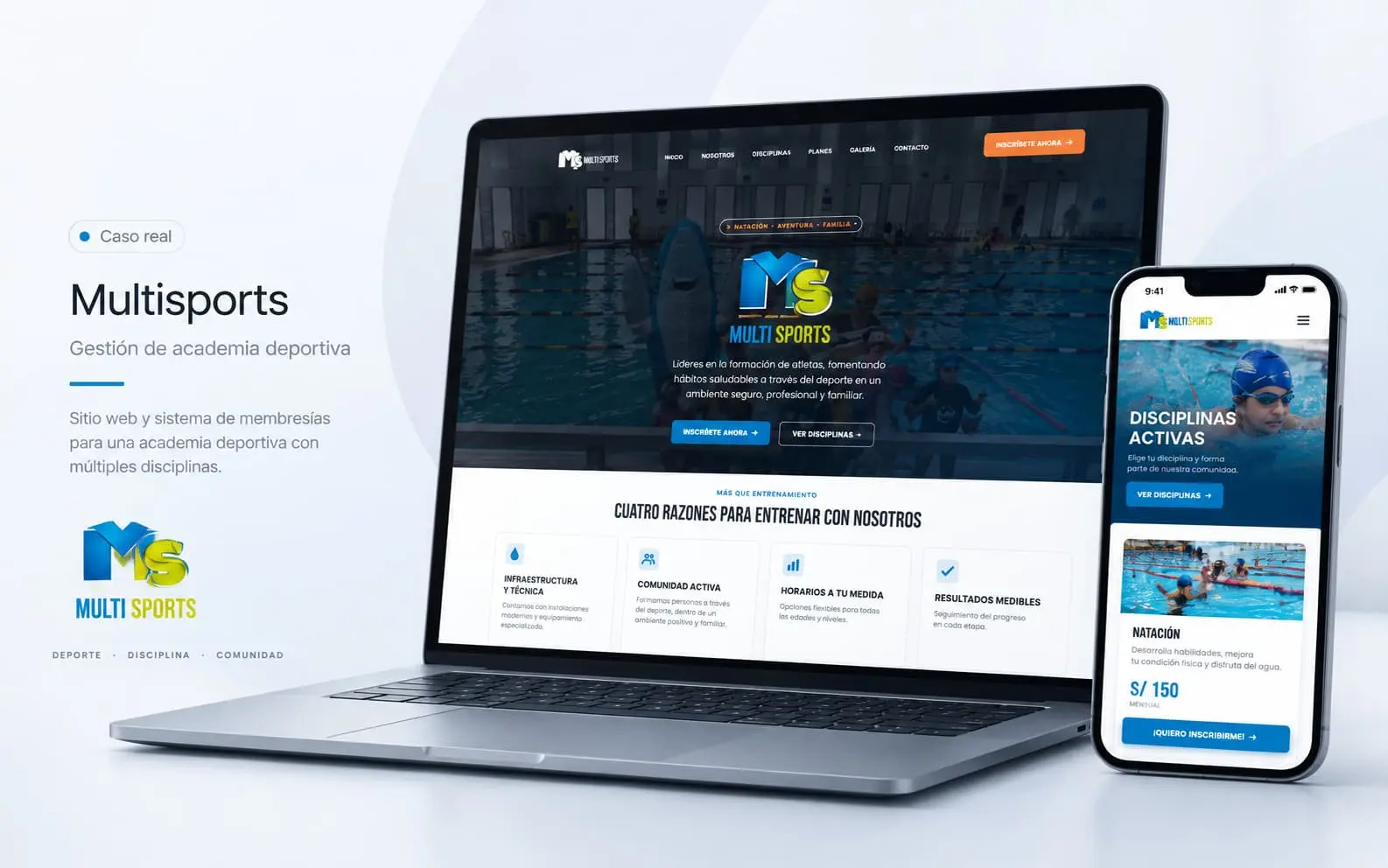 Composición de Multisports con su plataforma para academia deportiva en computadora y móvil