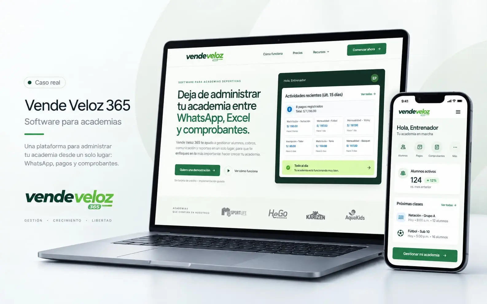Composición de Vende Veloz 365 con su software de alumnos, matrículas, cobros y horarios